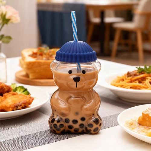 Bear glass cup with beanie lid