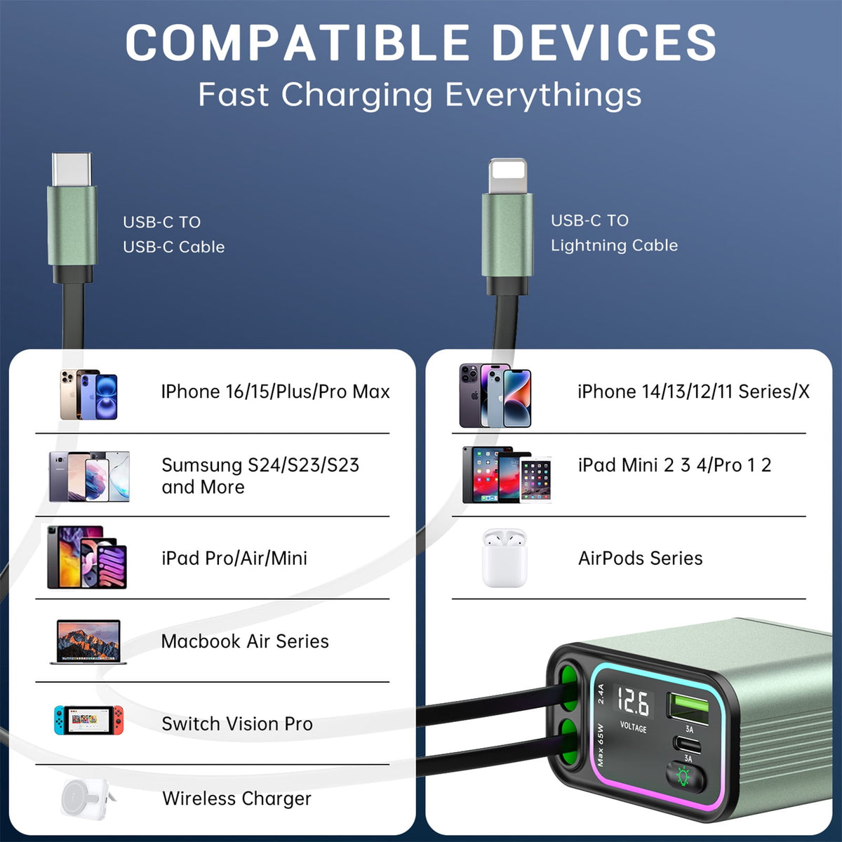 Retractable car charger with RGB light – view 3