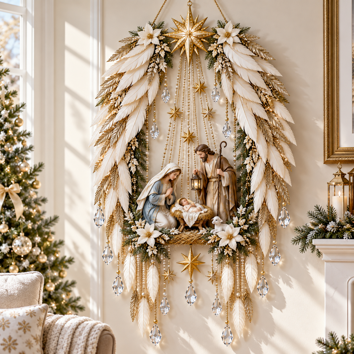 Angel Wings Nativity Light – ivory and gold angel wings nativity wall decor, image 2