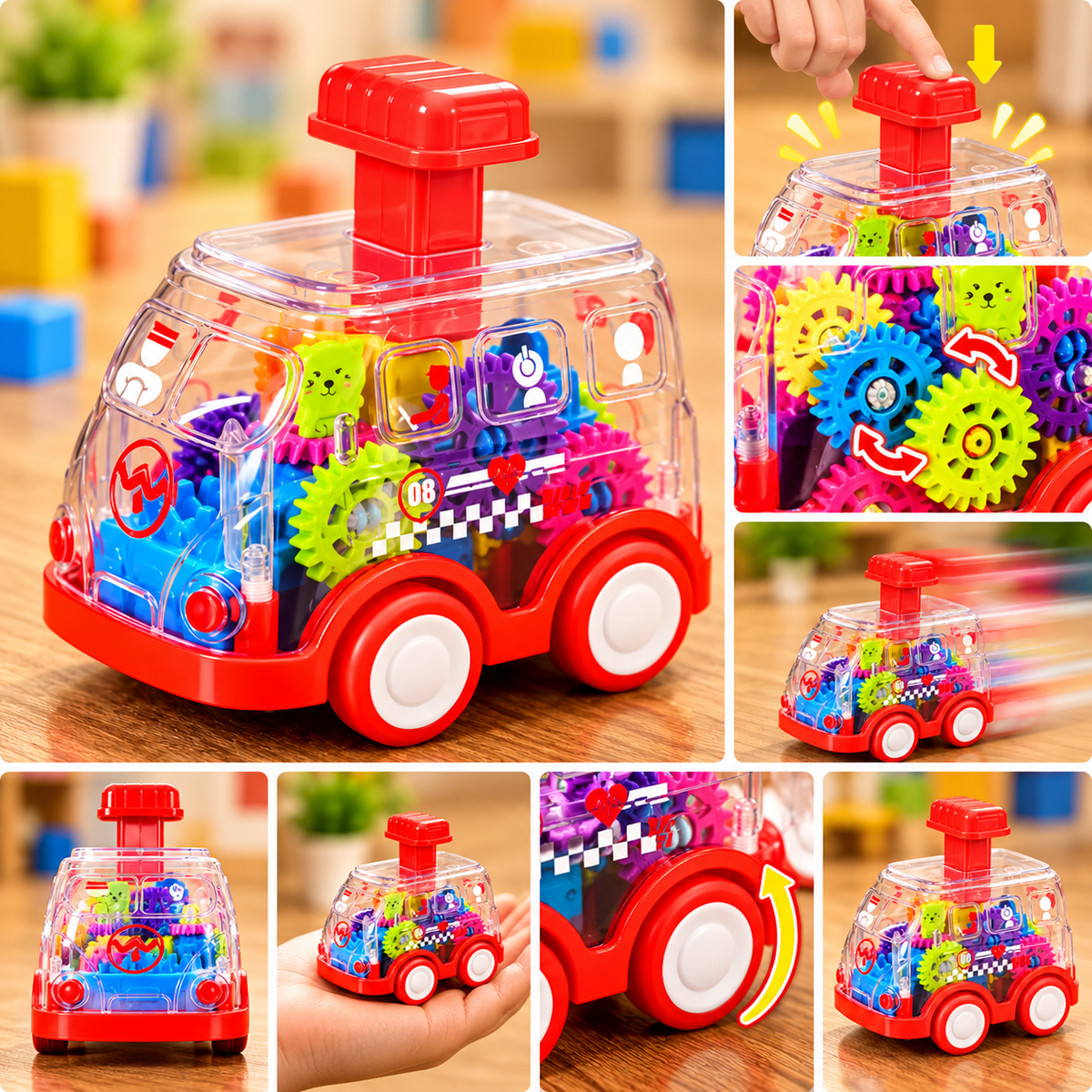 Transparent Gear Press-and-Go Toy Car – Red
