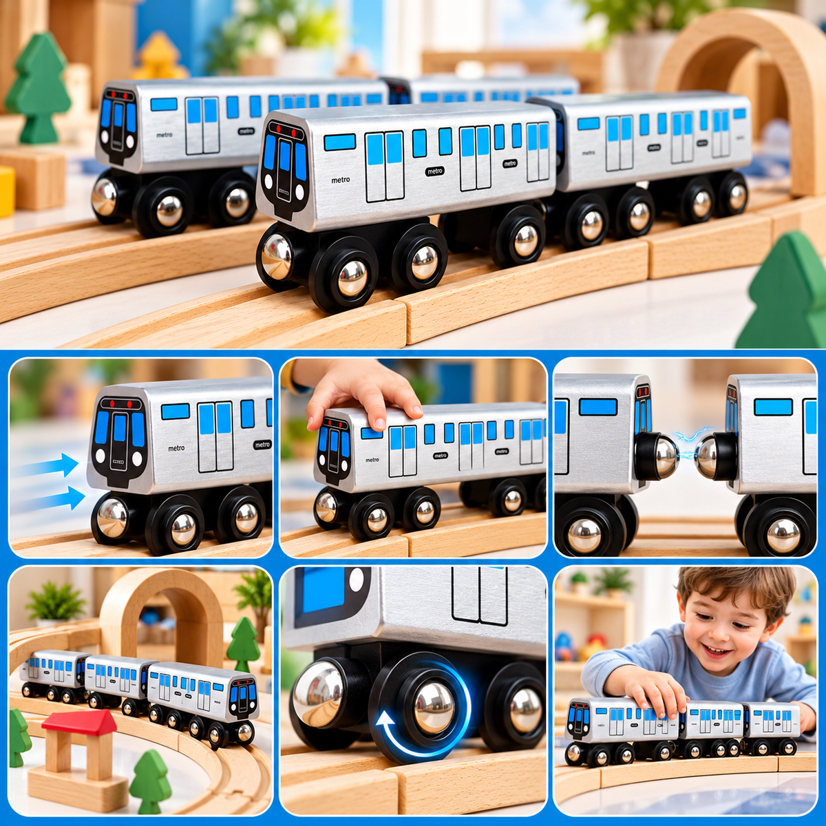 Wooden Toy Train with Silver Body and 8 Wheels