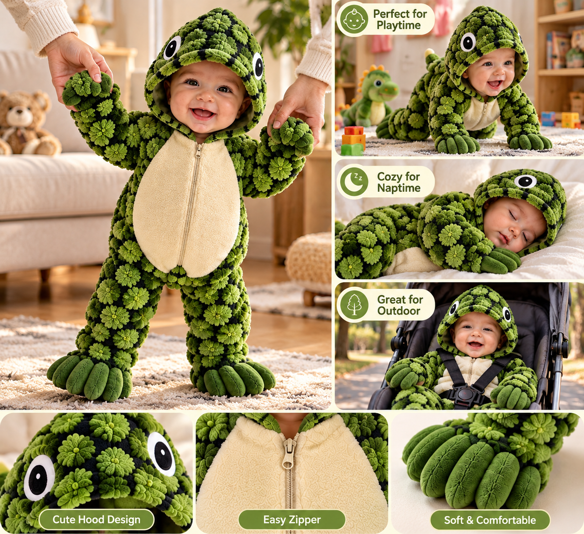 Green Dinosaur Baby Costume – Plush Dino Onesie – image 3