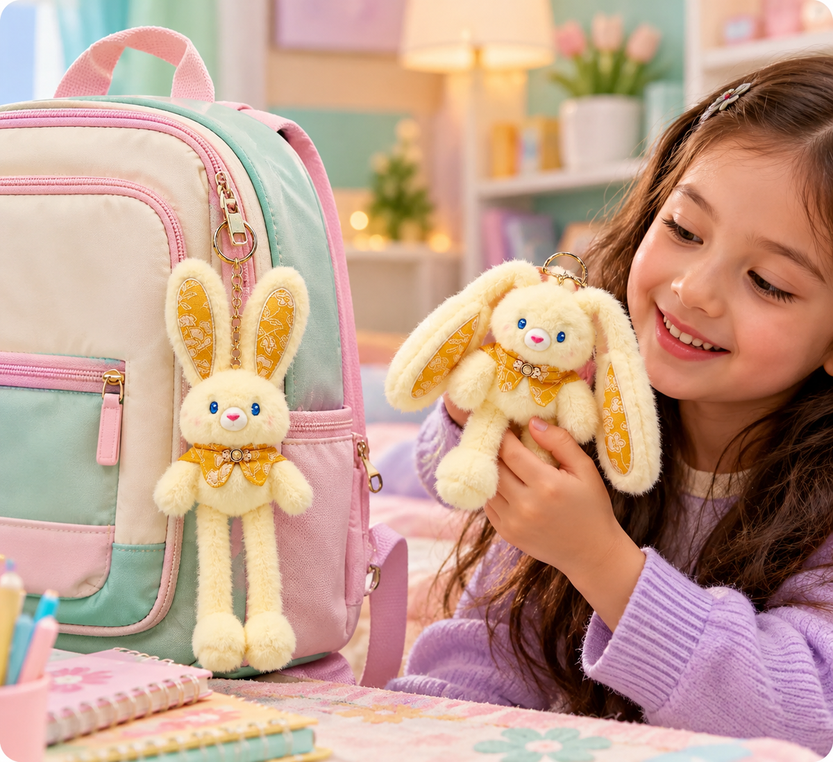 Kawaii Pink Bunny Plush Keychain – Cute Bag Charm Set – image 10