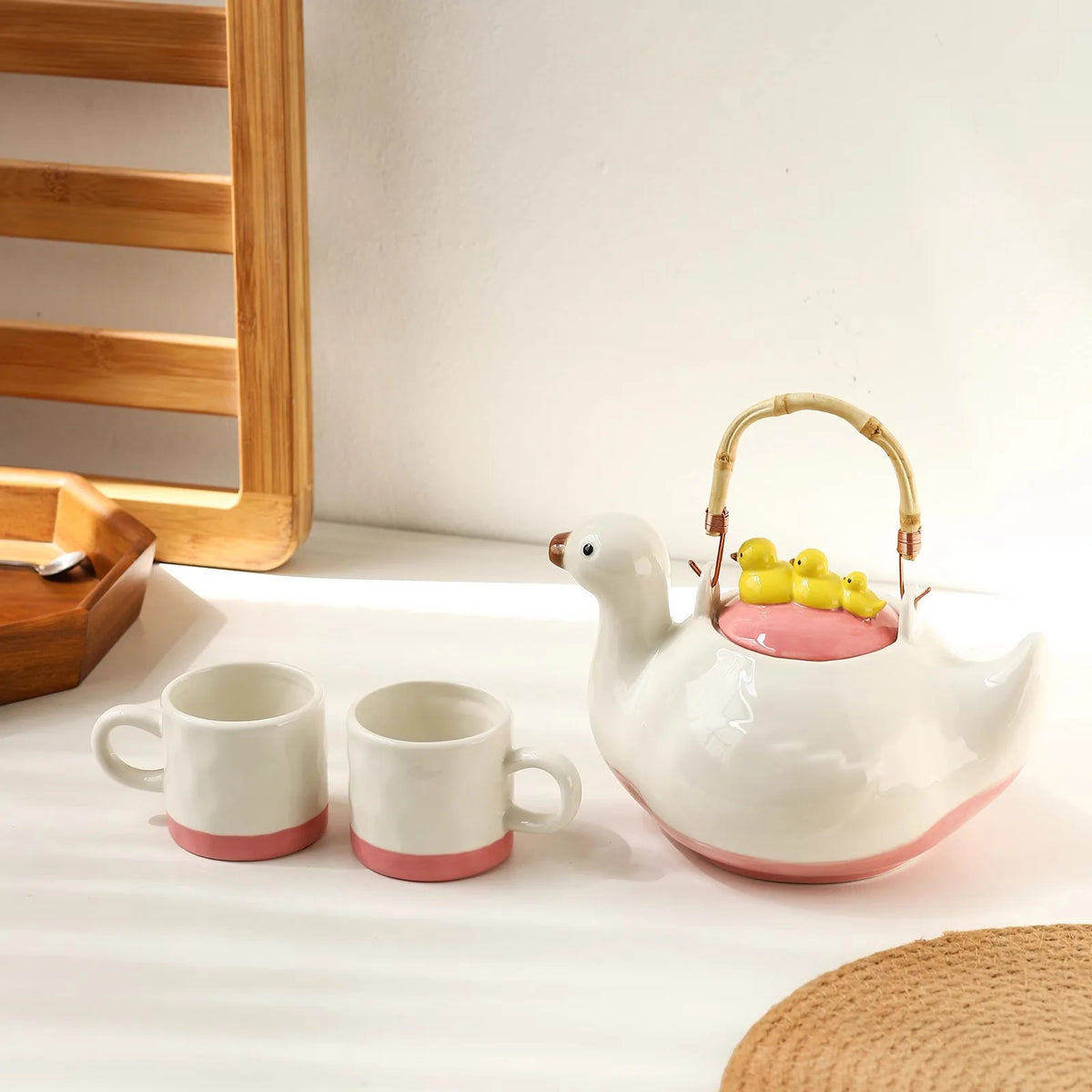 Cute Duck-Shaped Pink Tea Kettle and Cup Set