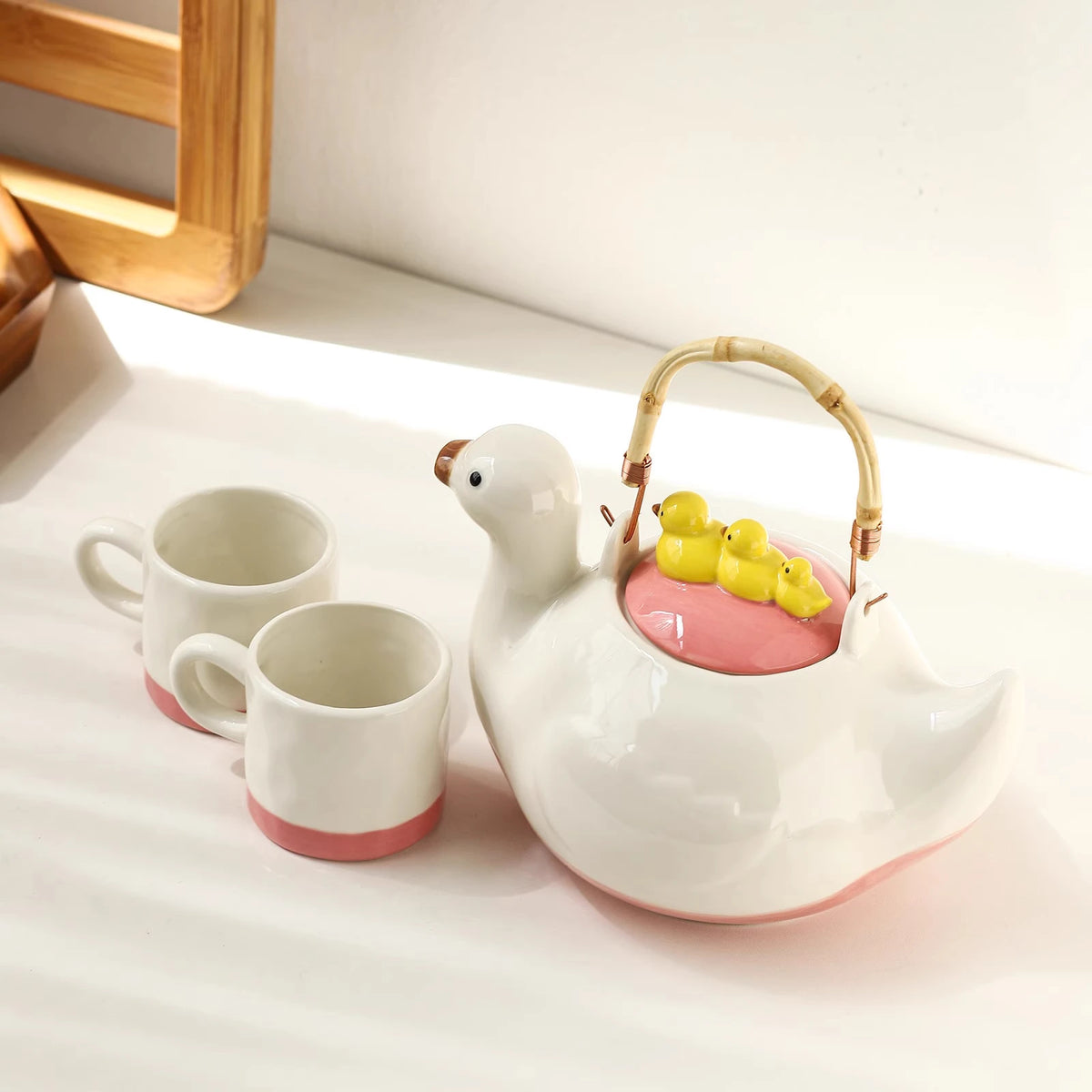 Cute Duck-Shaped Pink Tea Kettle and Cup Set