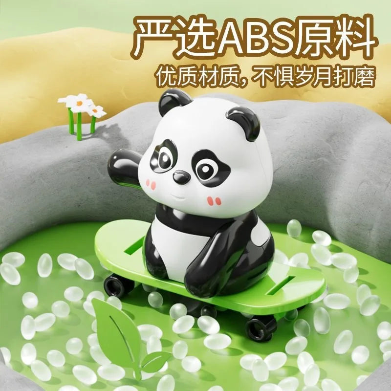 Black-and-white panda figure on a green skateboard, shown in a product graphic with Chinese text.