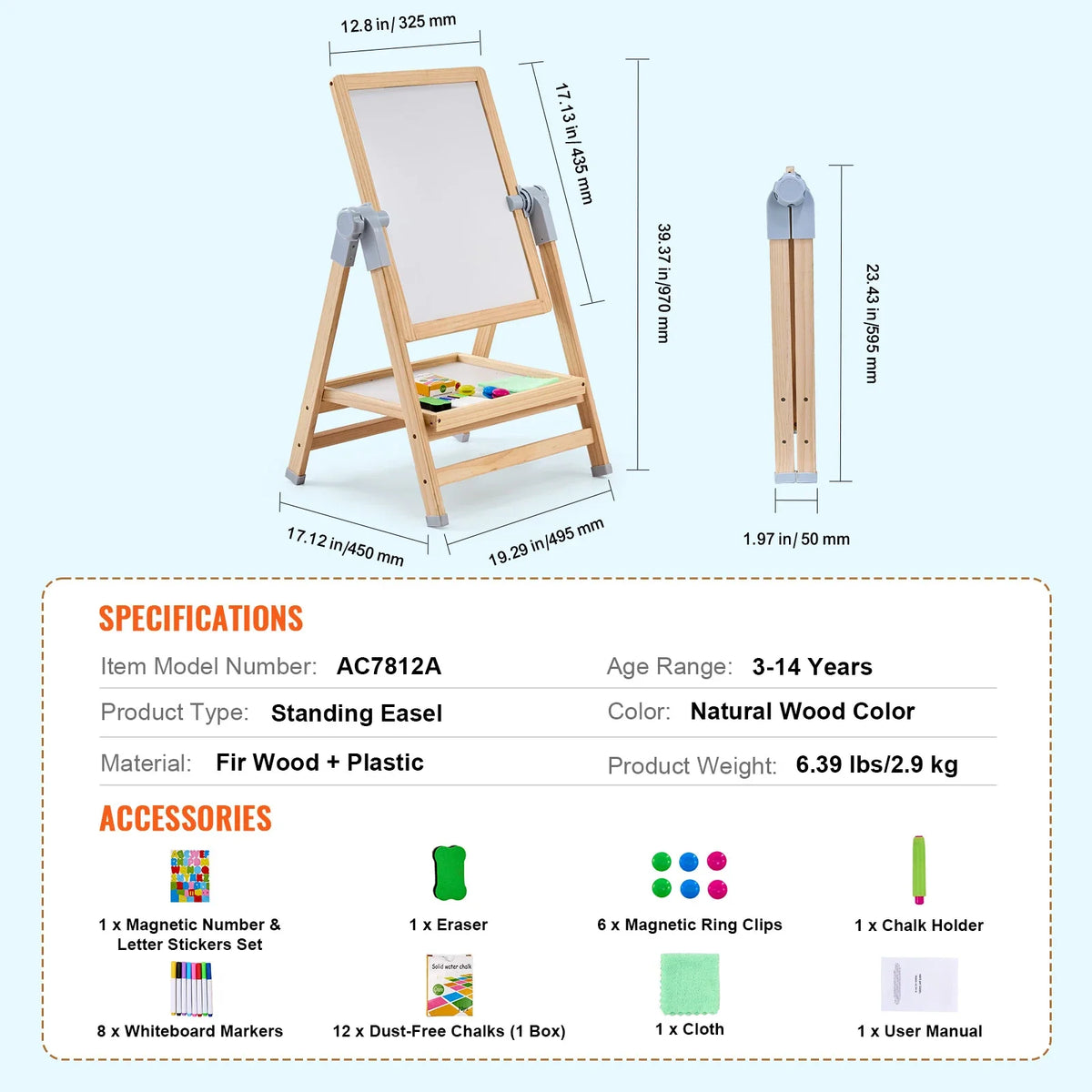 Adjustable double-sided art easel for kids