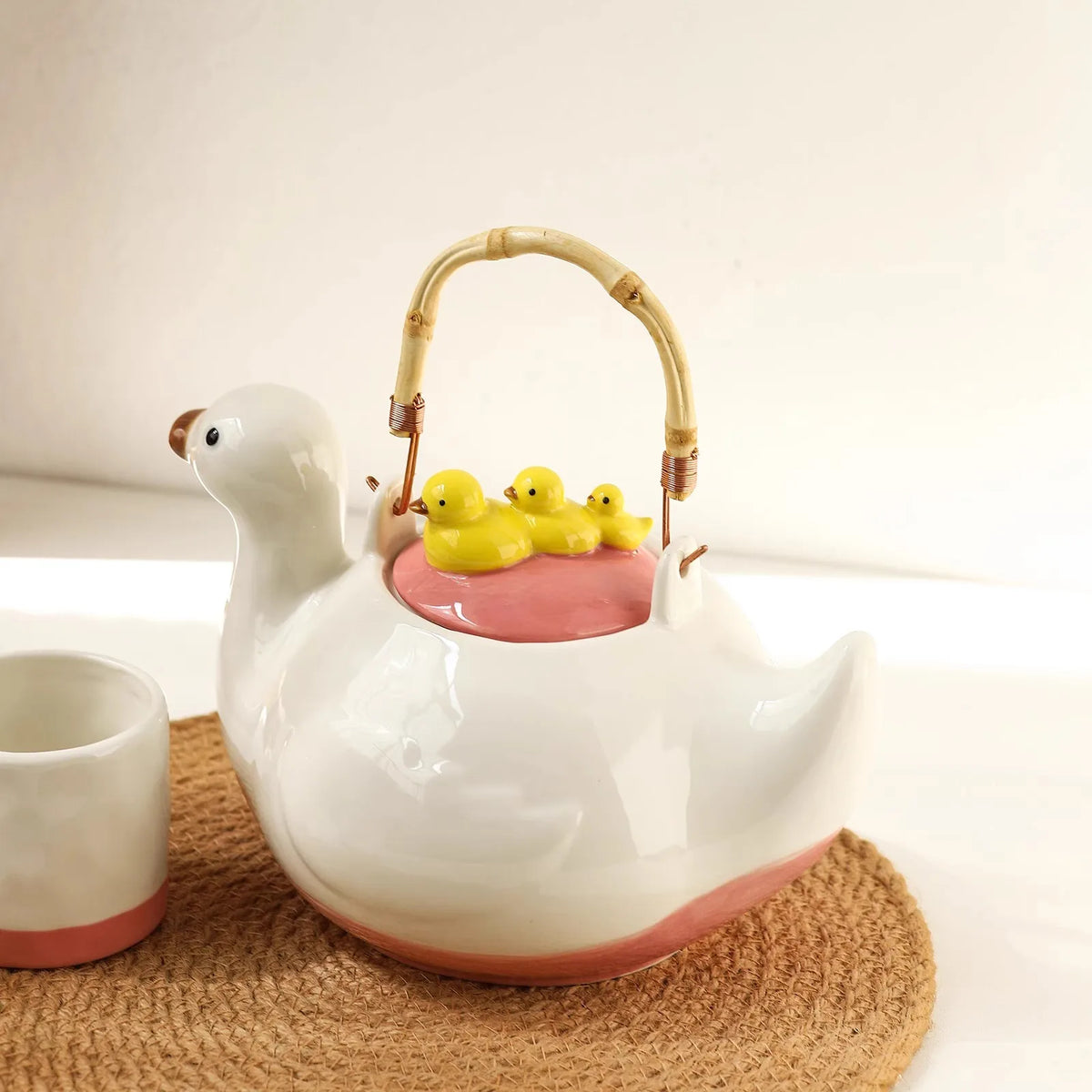 Cute Duck-Shaped Pink Tea Kettle and Cup Set