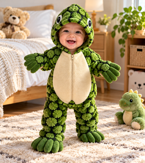 Green Dinosaur Baby Costume – Plush Dino Onesie