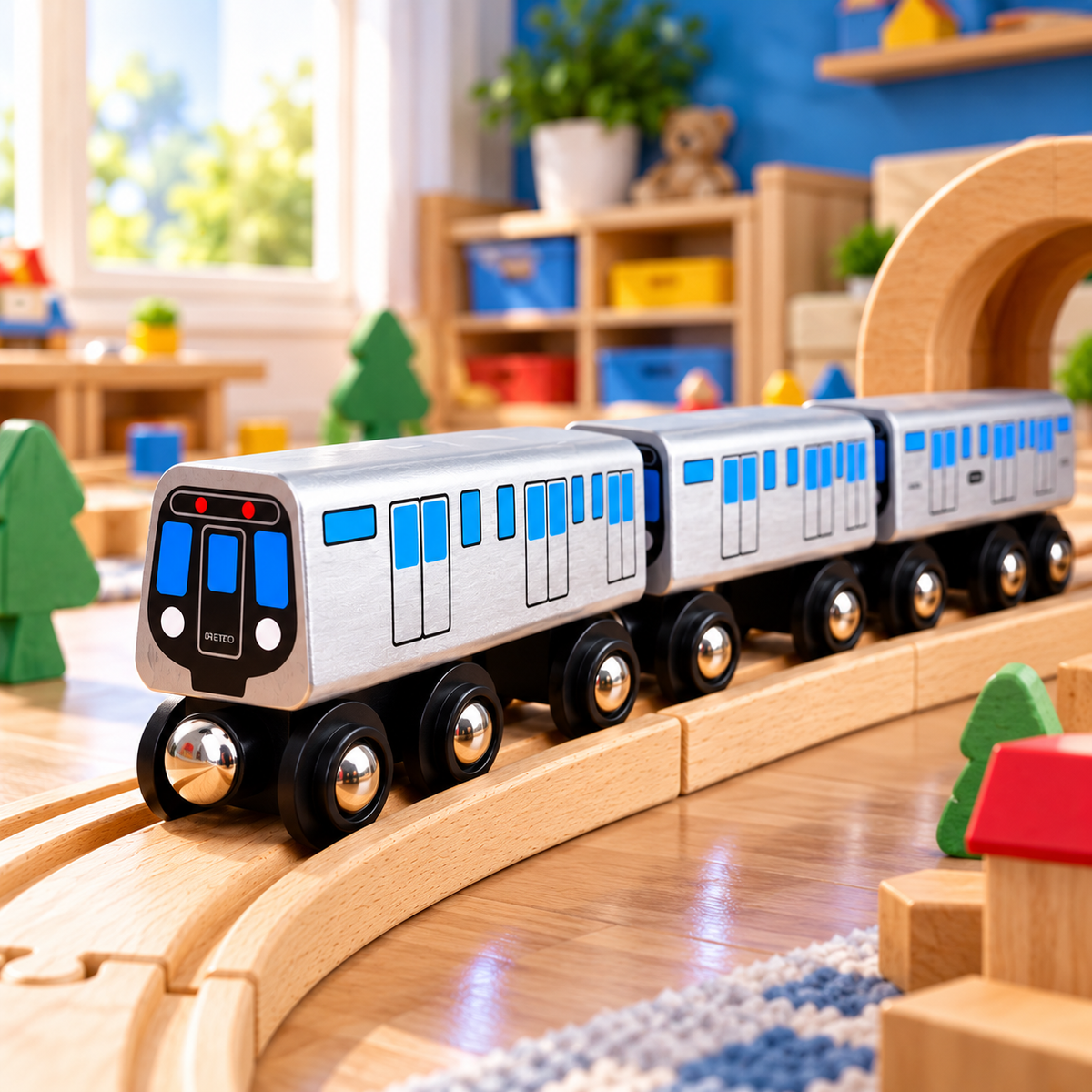 Wooden Toy Train with Silver Body and 8 Wheels