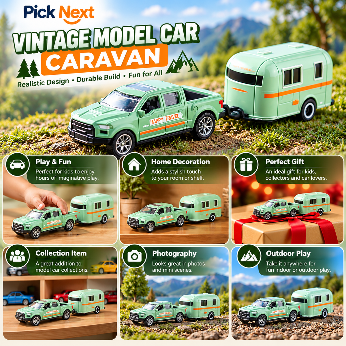 1:64 Scale Diecast Pickup Truck with Caravan Model