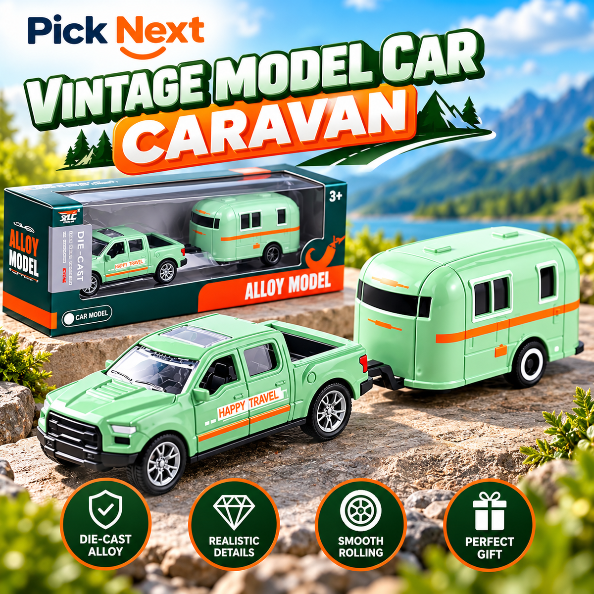 1:64 Scale Diecast Pickup Truck with Caravan Model