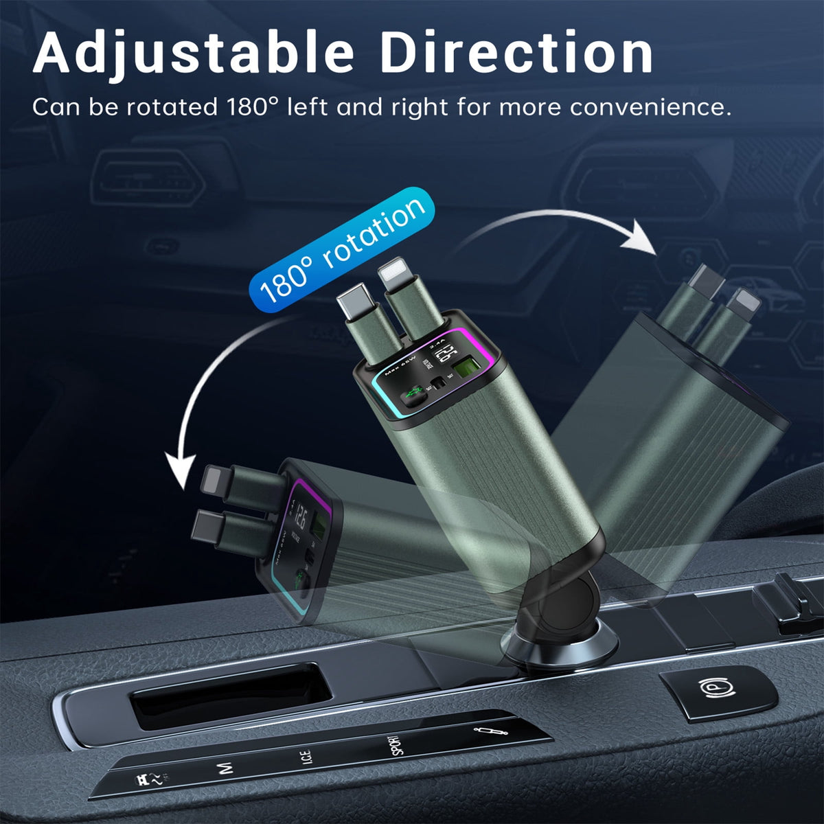 Retractable car charger with RGB light – view 2